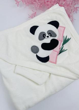 Дитячий рушник куточок махровий після купання з перчаткою панда рожева1 фото