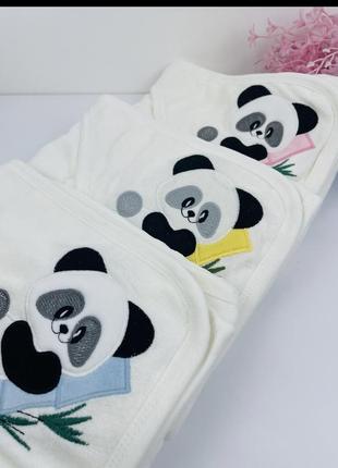 Детское полотенце уголок махровое после купания с перчаткой панда розовое4 фото