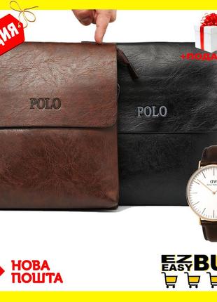 Мужская кожаная сумка через плечо polo videng leather барсетка+часы в подарок polo leather