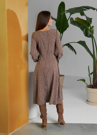 Платье женское миди, с разрезом, с длинным рукавом, осеннее, весеннее, в горошек, кофейное5 фото