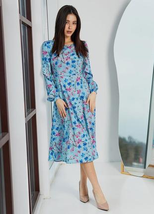 Платье женское миди, с длинным рукавом, деми, осень, весна, с цветочным принтом, голубое2 фото