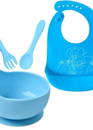 Набір посуду 2life глибока тарілка y13, ложка, виделка і слюнявчик слоненя блакитний1 фото