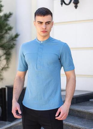 Рубашка мужская с коротким рукавом vpered голубая | мужская рубашка льняная3 фото