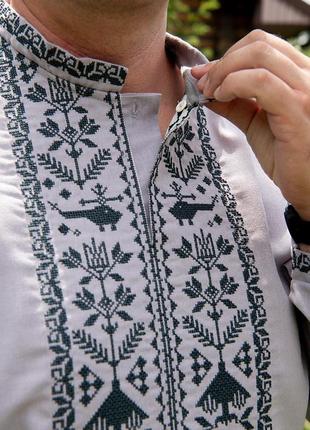 Якісна чоловіча вишиванка лляна у стилі мілітарі/military вишиванка/вишита сорочка, національний одяг