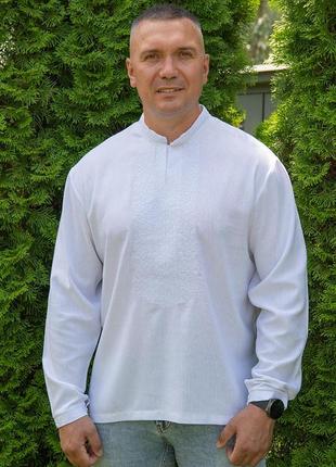 Качественная мужская вышиванка лен/белая, черная вышиванка герб/черная, белая вышитая...