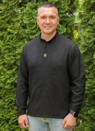 Качественная мужская вышиванка лен/белая, черная вышиванка герб/черная, белая вышитая...