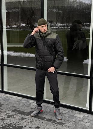 Комплект мужской зимний nike cl до -25*с куртка мужская зимняя + штаны на флисе  костюм найк черно-хаки8 фото