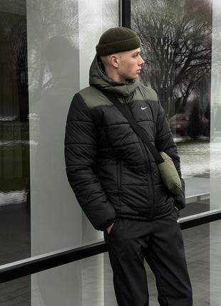 Комплект мужской зимний nike cl до -25*с куртка мужская зимняя + штаны на флисе  костюм найк черно-хаки2 фото