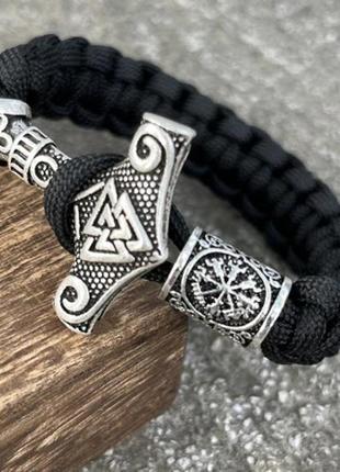 Браслет мужской из паракорда и стали thor vegvisir black черный с молотом тора