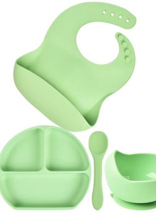 Набор y3 силиконовая тарелка, слюнявчик, круглая тарелка для первых блюд, ложка, вилка зеленый (vol-9830)