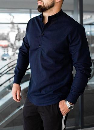 Рубашка мужская льняная с длинным рукавом классическая летняя band белая рубашка...