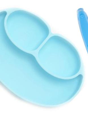 Набор силиконовая тарелка коврик и силиконовая ложка для кормления ребенка голубой (vol-1717)1 фото