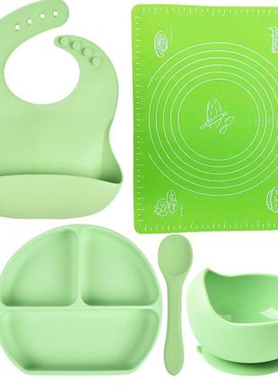 Наборy3 силиконовая тарелка,слюнявчик,круглая тарелка для первых блюд, ложка, вилка, коврик зеленый (vol-9831)