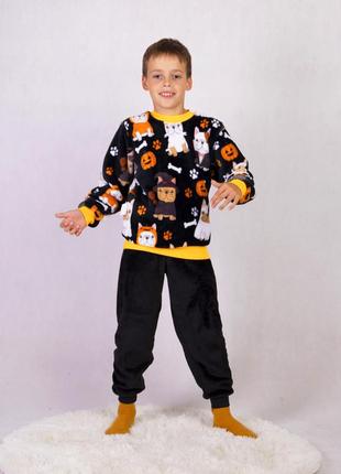 Пижама детская для мальчика махровая теплая черный 36-42 р.