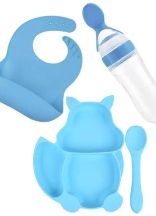 Наборy9 силиконовая трех-секционная тарелка, ложка, слюнявчик, бутылка-ложка синий(n-10008)