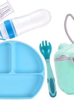 Наборy9 силиконовая тарелка, ложка, контейнеры-снеки, шприц-дозатор, бутылка-ложка голубой(n-10026)