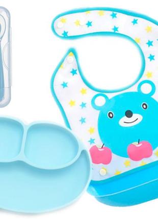 Набор силиконовая тарелка коврик, слюнявчик пвх с мишкой и силиконовая эргономическая ложка (vol-1098)