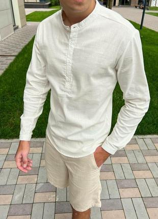 Льняная рубашка мужская с длинным рукавом повседневная ram белая  рубашка классическая на лето