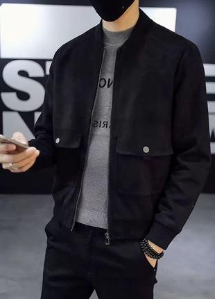 Замшева куртка чоловіча весняна осіння gang v5 чорна бомбер чоловічий замша весна осінь