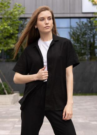 Льняная рубашка женская с коротким рукавом marsel летняя черная  рубашка повседневная на лето