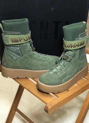 Женские высокие стильные сапоги/ботинки puma x fenty scuba boot olive, зеленые пума