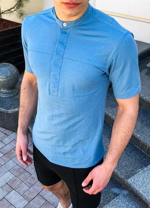 Рубашка мужская с коротким рукавом vpered темно-синяя | мужская рубашка льняная7 фото