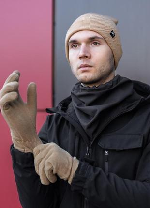 Комплект мужской шапка + шарф + перчатки "v rubchik" черный-бежевый  набор теплый до -30*с3 фото