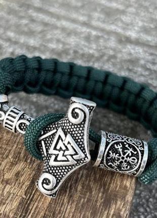 Браслет мужской из паракорда и стали thor vegvisir 2 green зеленый с молотом тора