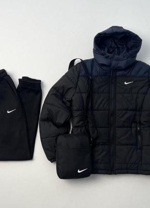 Комплект мужской зимний nike cl до -25*с куртка мужская зимняя + штаны на флисе костюм найк зима черно-синий