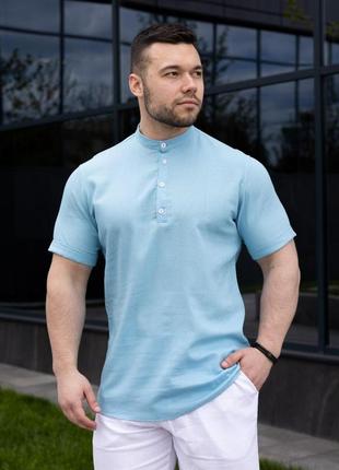 Сорочка чоловіча лляна з коротким рукавом повсякденна літня molodist блакитна сорочка льняна класична льон на літо