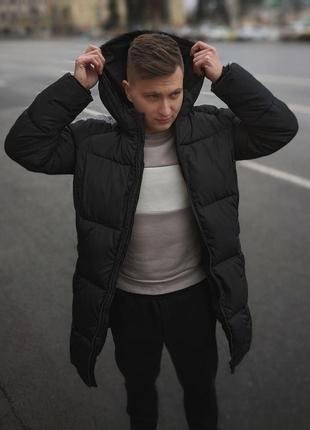Куртка мужская зимняя удлиненная до -20*с теплая strip черная | парка длинная пуховая | пальто5 фото