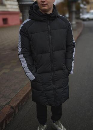 Куртка мужская зимняя удлиненная до -20*с теплая strip черная | парка длинная пуховая | пальто2 фото