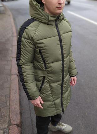 Куртка мужская зимняя удлиненная до -20*с теплая strip черная | парка длинная пуховая | пальто7 фото