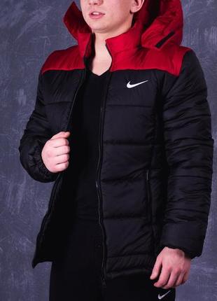 Мужская куртка зимняя nike до - 25 теплая на флисе с капюшоном черно-красная пуховик мужской зимний найк