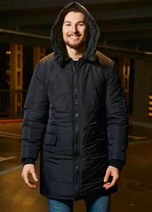 Парка чоловіча зимова mex до - 30 *с чорна з капюшоном пальто куртка подовжена