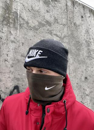 Комплект мужской зимний nike шапка + перчатки + бафф до -25*с черный-хаки набор теплый найк3 фото