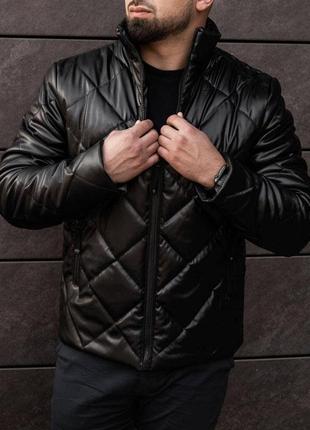 Кожаная мужская куртка зимняя до -25*с стеганая в ромб gang черная кожанка теплая на зиму5 фото
