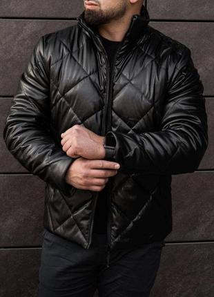 Кожаная мужская куртка зимняя до -25*с стеганая в ромб gang черная кожанка теплая на зиму3 фото