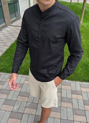 Льняная рубашка мужская с длинным рукавом повседневная ram черная рубашка классическая на лето