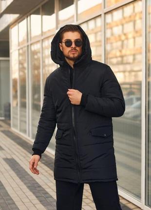 Парка чоловіча зимова до -30 °c олл блек тепла чорна чоловіча куртка зимова подовжена пальто зима7 фото