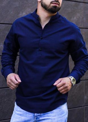 Рубашка мужская льняная темно-синяя деловая / повседневная4 фото