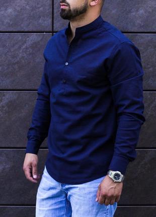 Рубашка мужская льняная темно-синяя деловая / повседневная6 фото