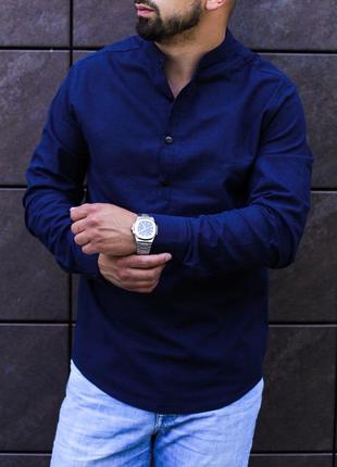 Рубашка мужская льняная темно-синяя деловая / повседневная3 фото
