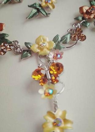 Набор  украшений "цветочный ", серьги  и ожерелье,  ярко желто-зеленый2 фото