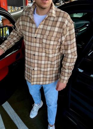 Рубашка мужская кашемировая в клетку boss зимняя коричневая | мужская рубашка теплая с...