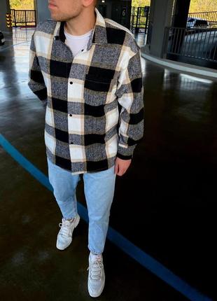 Рубашка мужская кашемировая в клетку boss зимняя коричневая | мужская рубашка теплая с...