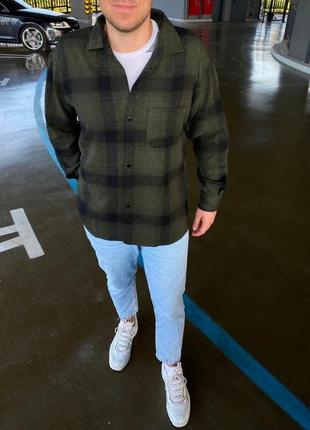 Рубашка мужская кашемировая в клетку boss зимняя коричневая | мужская рубашка теплая с...