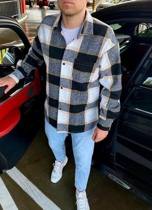 Рубашка мужская кашемировая в клетку boss зимняя коричневая | мужская рубашка теплая с...