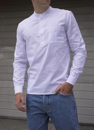 Рубашка мужская льняная летняя ram с длинным рукавом синяя рубашка лен повседневная классическая на лето3 фото