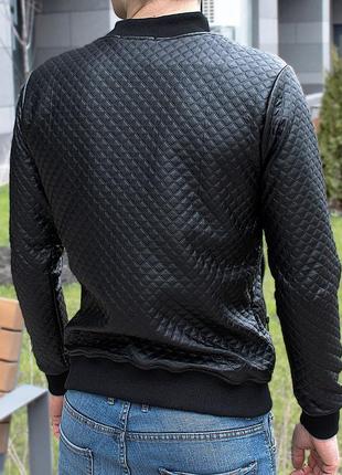 Бомбер мужской кожаный куртка весенне-осенняя в ромб all black2 фото